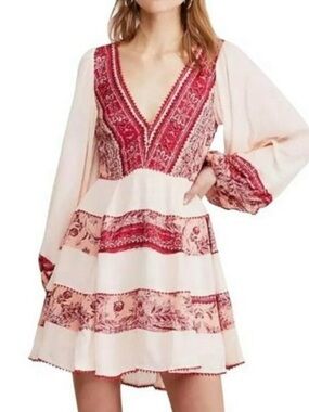 Free People Blush Pink Mini Dress with Wine Red Embroidered Trim